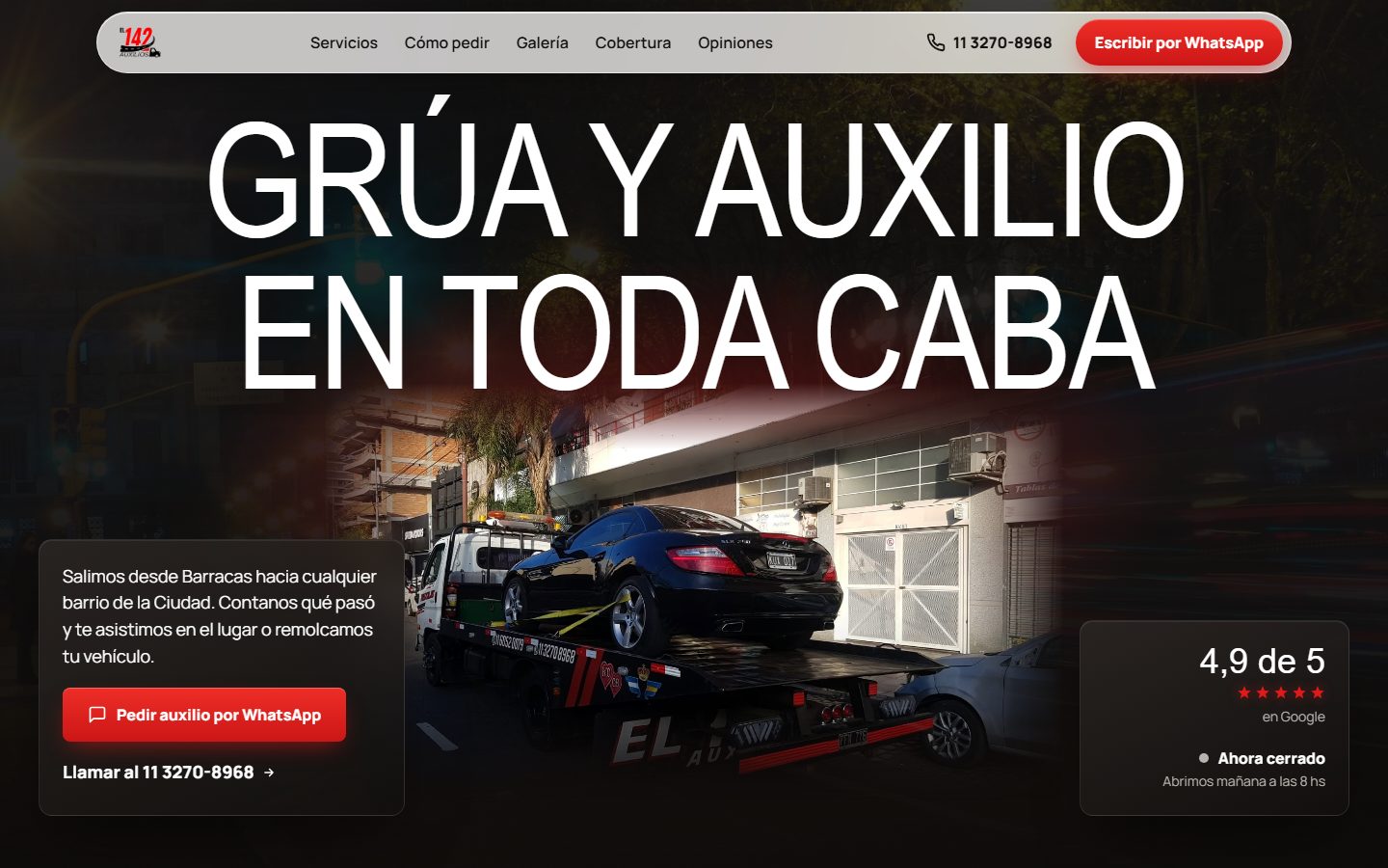Portada de la web de El 142 Auxilios: “Grúa y auxilio en toda CABA”