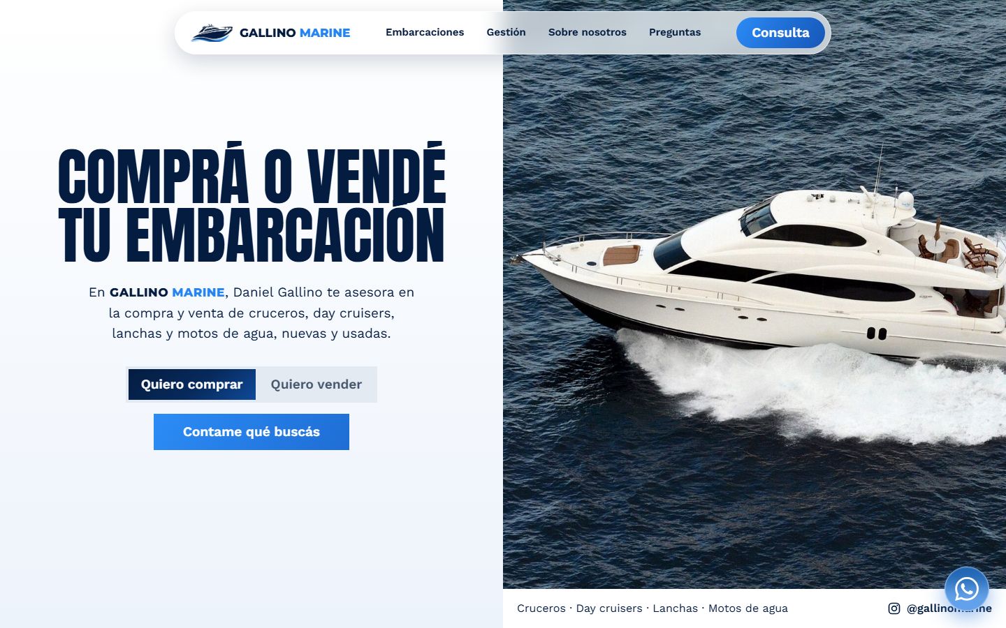 Portada de la web de Gallino Marine: “Comprá o vendé tu embarcación”